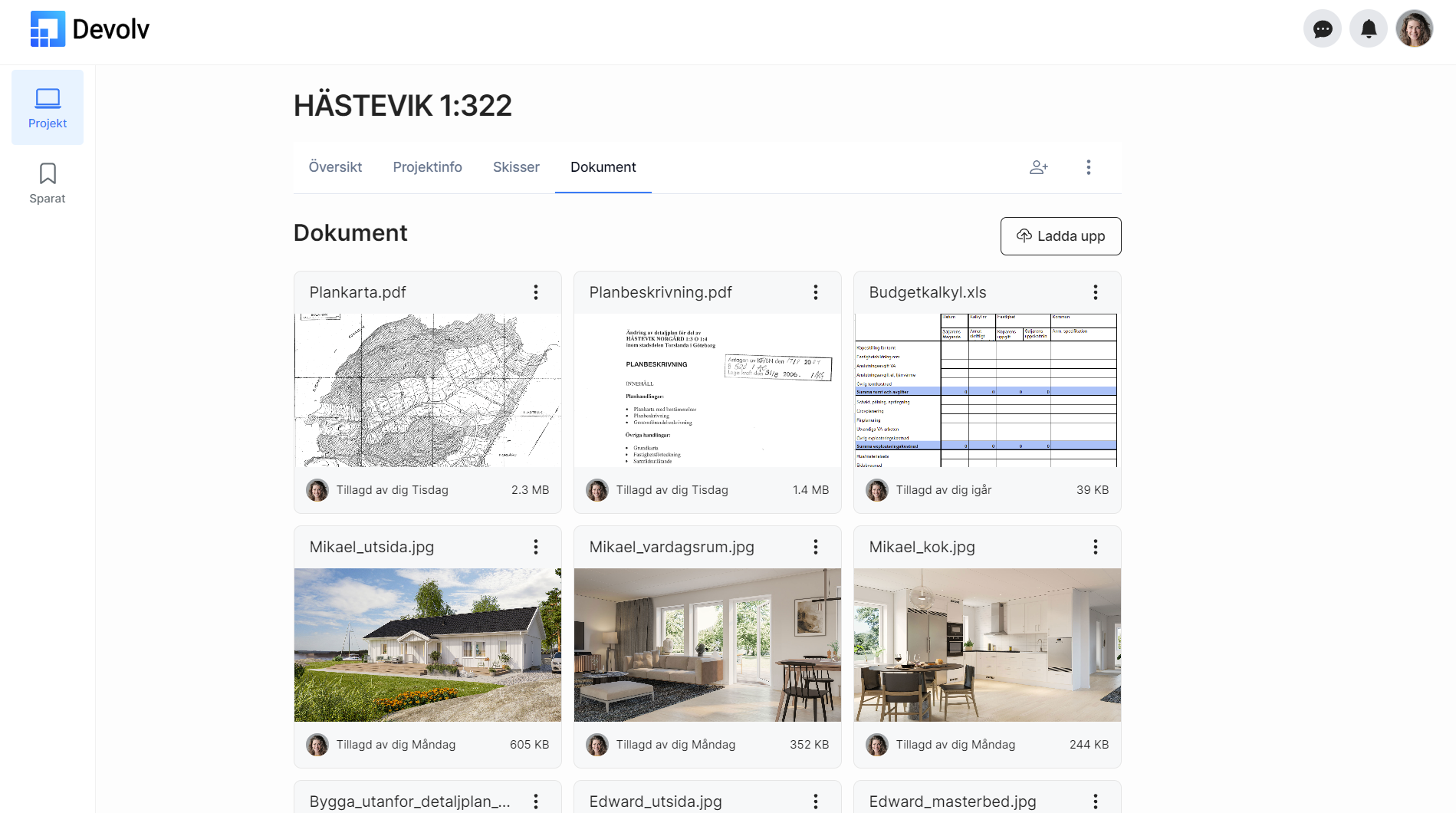 En skärmdump från en projektsida med en lista med bilder och dokument för ett husprojekt.