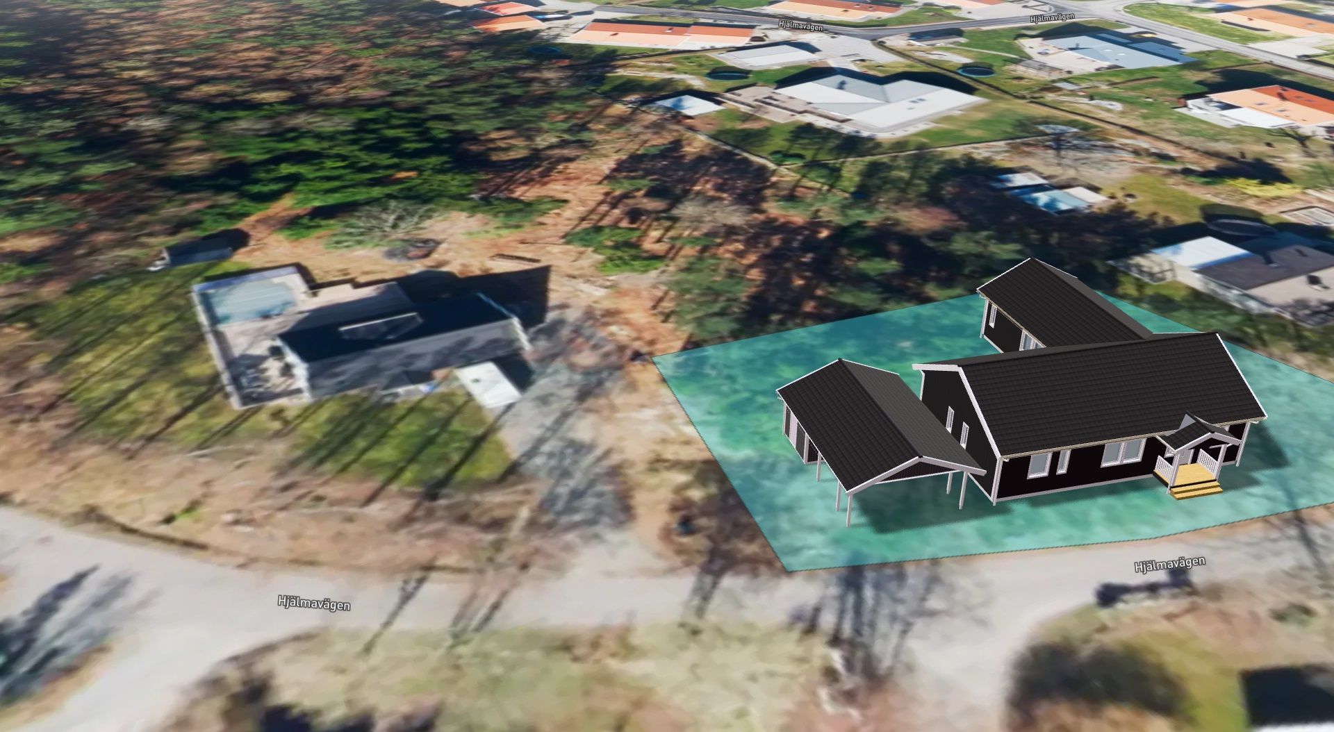 En karta med tomtgränser och en 3D-modell av ett hus placerad på en tomt.