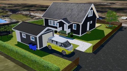 Ett svart 1,5-planshus på en liten tomt med äppleträd och studsmatta