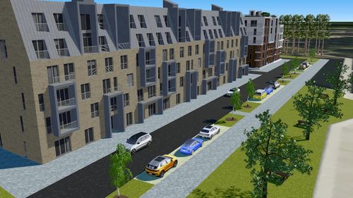 En skiss av ett lägenhetsprojekt planerat i Devolv