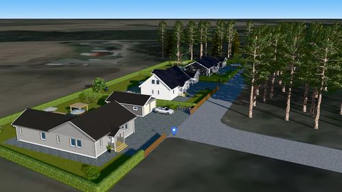 Ett grått vinkelhus med en stor altan och pool