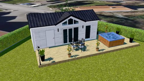 En skiss av ett attfallshus i hörnet av en tomt samt närliggande spabad