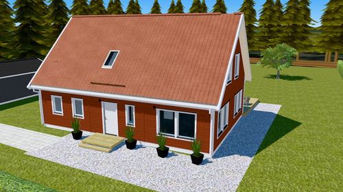 Skiss av ett rött 1,5-planshus i närheten av ett skogsområde