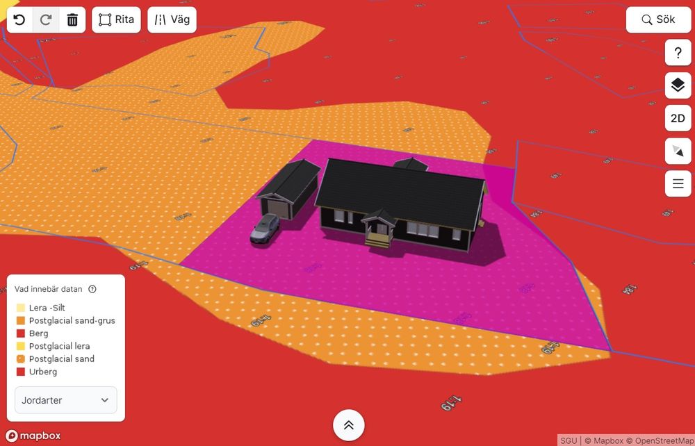 Interaktiv karta som skildrar vilka jordartstyper som finns på en tomten. I kartan syns en avstyckningslott som är belägen på urberg.