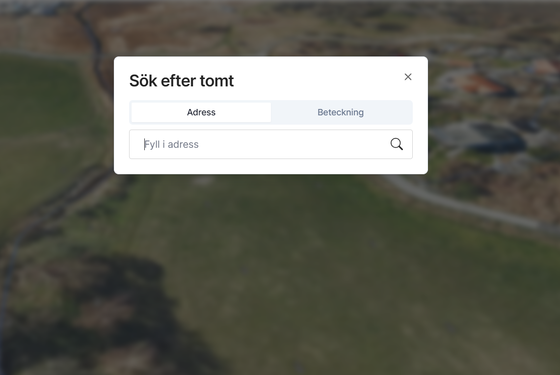 Dialogruta för att söka efter tomter med adress eller fastighetsbeteckning